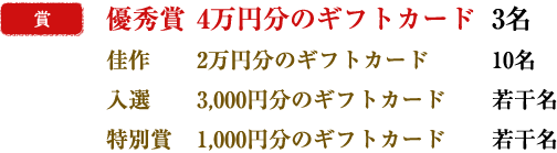 賞　優秀賞4万円3名、佳作2万円10名、入選賞金3,000円または図書券3,000円いずれか若干名